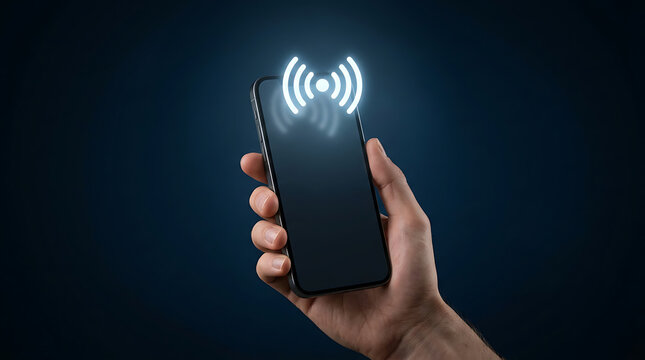 Hand holding smartphone with NFC signal. Mobile device using contactless payment technology.