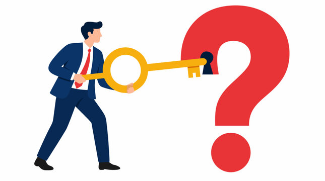 Vector illustration of a businessman in a suit holding a large golden key to unlock a giant red question mark, representing problem solving, finding solutions, business strategy, and success concept.