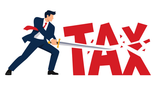 A determined businessman in a blue suit swinging a sword to slash through the bold red word TAX, symbolizing tax cuts, evasion, or financial freedom, flat vector style on white background with