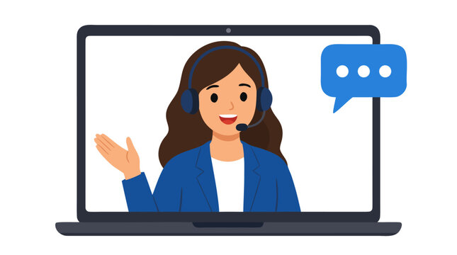 Friendly female customer service representative wearing a headset and waving on a laptop screen with a chat bubble icon, representing online technical support and remote assistance in a flat vector
