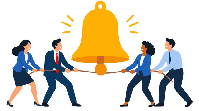 Diverse business team pulling a rope attached to a large ringing yellow bell in a tug of war symbolizing notification, stock market opening, IPO success, teamwork, and alert on a white background.