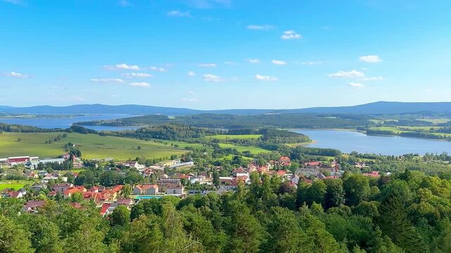 Panoramic View of Lake Lipno, Alpine Meadows and Horni Plana Town from Viewpoint, Czech Republic