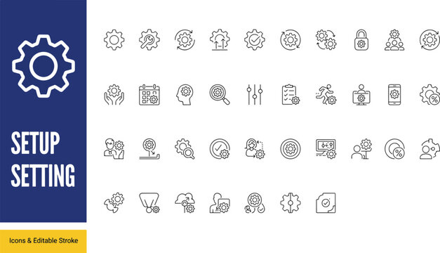 Extensive collection of setup and settings line icons for software configuration and technical system menus with settings configuration interface maintenance