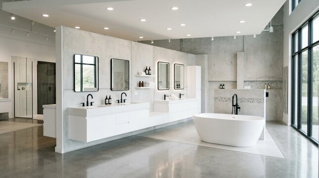 Luxurious modern bathroom showroom featuring sleek white vanity cabinets, matte black faucets, a freestanding soaking tub, and concrete walls, bathed in natural light from large windows.