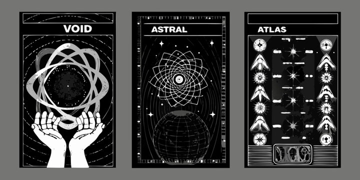 retrofuturistic wireframe posters black and white void astral atlas geometric patterns hands atoms