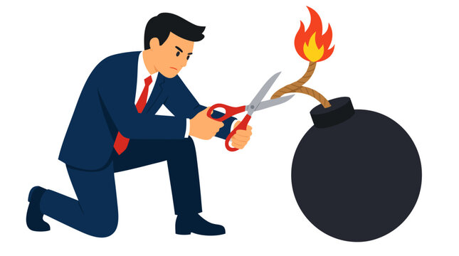 A professional businessman in a navy blue suit kneeling to carefully cut the burning fuse of a large black bomb with red scissors, representing crisis management, risk mitigation, and defusing danger.