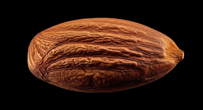 Macro closeup of a single raw almond nut isolated on a black background