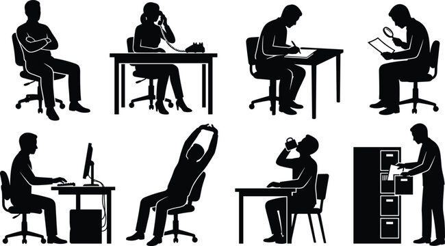 Office worker silhouettes performing daily tasks such as computer work, phone calls, stretching, filing, and drinking coffee