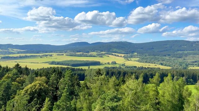 Panoramic View of Lake Lipno, Alpine Meadows and Horni Plana Town from Viewpoint, Czech Republic