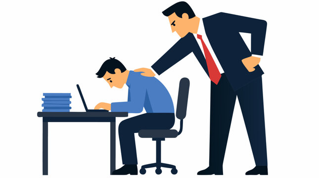 A stressed office worker hunched over a laptop while a stern boss in a suit stands over him with a hand on his shoulder, illustrating workplace bullying, pressure, and micromanagement in a corporate