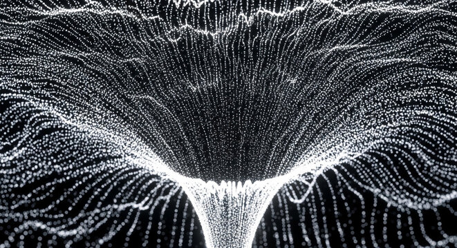 Abstract digital vortex of white flowing particles on black background representing data flow and connectivity with particles, abstract