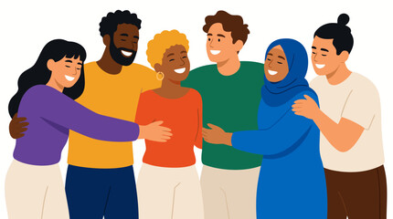 Fototapeta premium A diverse group of six happy people embracing in a line, representing unity and friendship. Flat vector illustration with bold colors on a white background. Perfect for concepts of inclusion,