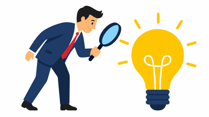 Fototapeta premium Flat vector illustration of a professional businessman in a suit using a magnifying glass to carefully examine a large glowing yellow light bulb, representing innovation, strategy, and business ideas.