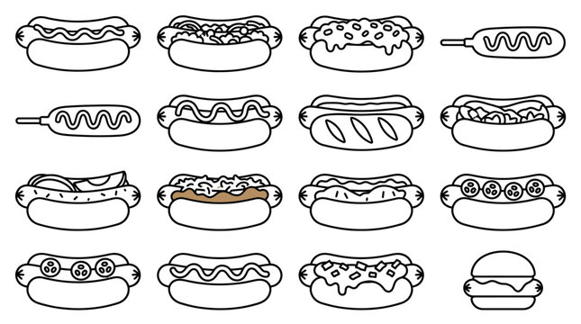 Hot Dog Icon Set - Vector Illustrations of Various Hot Dogs and Corn Dogs