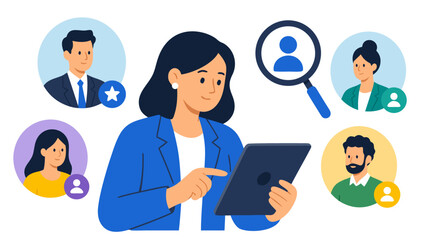 Fototapeta premium A professional female human resources manager reviews candidate profiles on a digital tablet, surrounded by floating applicant portraits and a magnifying glass symbolizing the search for talent in a