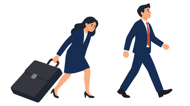 A stressed businesswoman struggles to drag a massive heavy briefcase while a confident businessman walks freely beside her, symbolizing gender inequality and unequal workloads in the corporate world.