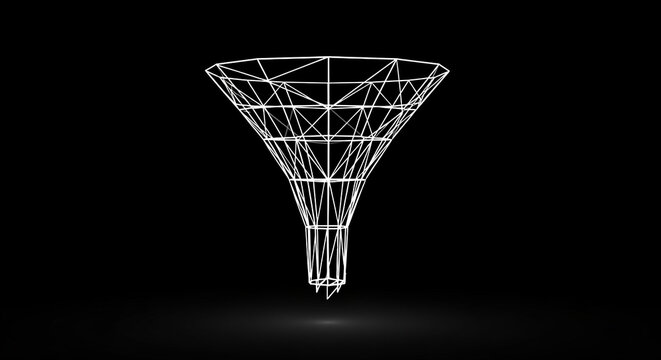 Abstract digital funnel graphic representing data filtering process on black background with abstract filtering visualization analysis