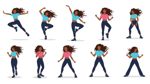 Energetic young black woman in colorful sportswear performing various dance moves and fitness poses in a set.