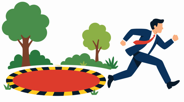A businessman in a blue suit and red tie sprints away from a large red circular danger zone marked with yellow and black hazard stripes in a park setting with green trees and bushes, flat vector