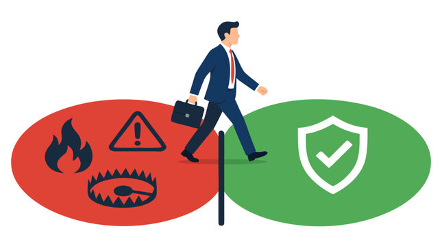 A businessman walking from a red danger zone with fire and trap icons across a line into a green safe zone with a checkmark shield symbol, representing risk management, security, and career choices.