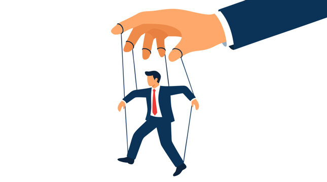 Conceptual illustration of a businessman puppet controlled by a giant hand, symbolizing manipulation, control, and lack of free will in corporate or political environments, rendered in bold flat