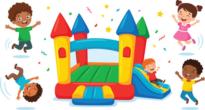 Happy diverse kids jumping and playing on colorful inflatable bouncy castle with slide for birthday party and children entertainment vector designs