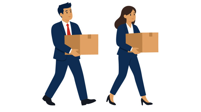 Professional businessman and businesswoman walking while carrying cardboard boxes, flat vector illustration of office workers moving to a new workplace, corporate relocation concept on white