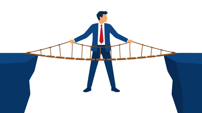A businessman in a blue suit holding a rope bridge stretched across a gap between two platforms, bold flat colors, on a clean white background, symbolizing bridging the gap in corporate business