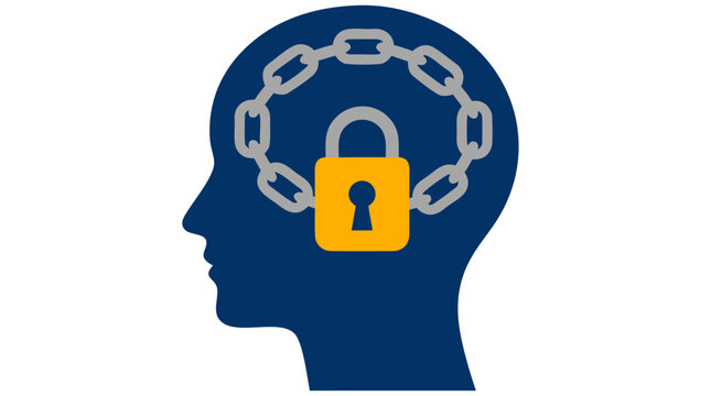 Conceptual vector illustration of a human head silhouette containing a metal chain and a yellow padlock, representing a fixed mindset, mental block, psychological restriction, or closed thinking