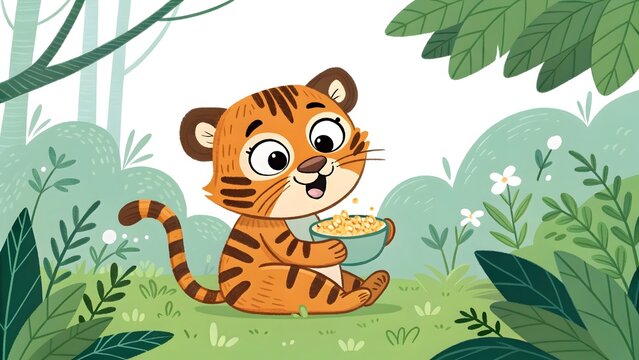 Cute cartoon tiger cub sitting in green forest