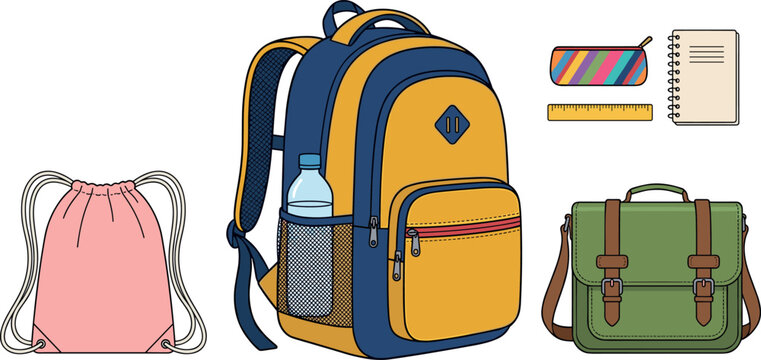 Backpacks and School Supplies Including a Ruler, Pencil Case, and Notebook Featuring Backpack, Yellow, Blue with Green and Pink