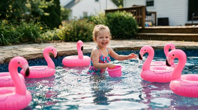 Delighted young child splashing and laughing while playing in a private backyard swimming pool surrounded by whimsical vibrant pink inflatable flamingo floats on a bright sunny summer day