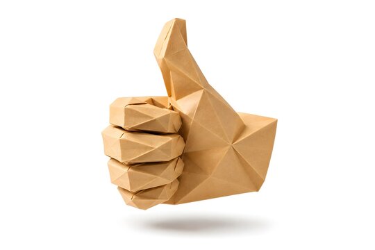 3D Origami Thumbs Up Hand in Beige Paper Market Approval Concept Isolated on White Background