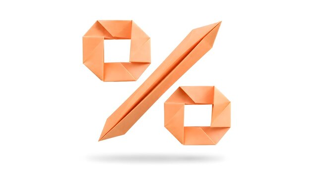 3D Origami Percentage Symbol Folded from Pastel Orange Paper Interest Rate Concept Isolated on White Background