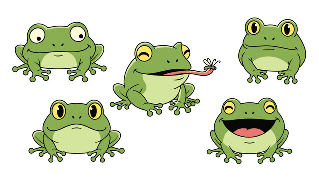 Collection of cute cartoon green frogs showing various funny facial expressions on a clean white background.