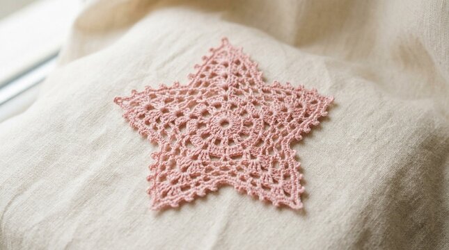 Delicate Pink Lace Star Ornament with Intricate Handcrafted Openwork Pattern on Soft Cream Linen Fabric - Artisanal Decorative Crochet Design for Holidays and Home Decor