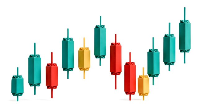 3D Origami Candlestick Chart in Teal Red and Gold Paper Stock Trading Concept Isolated on White Background