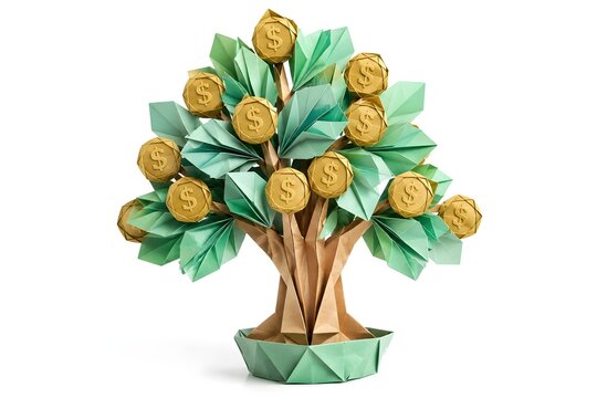 3D Origami Paper Savings Tree with Folded Coin Fruit Wealth Growth Concept Isolated on White Background