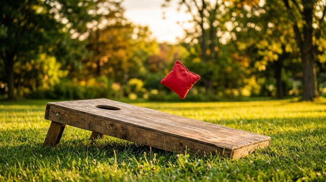 Crimson bean bag suspended in mid-air above vibrant grass, flying toward wooden cornhole board's target hole with dynamic motion, golden sunlight glowing through summer foliage, capturing outdoor