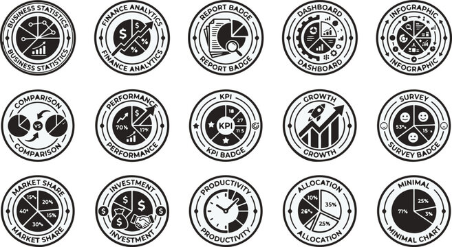 Professional business infographic circle icone set featuring various financial data analysis charts and marketing performance diagrams