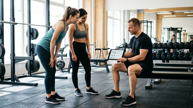 Professional Male Personal Trainer Displaying Digital Fitness Workout Plan on Tablet to Two Motivated Women Athletes in Modern Contemporary Gym During Professional Consultation