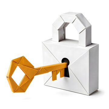 Origami Key Fitting Paper Lock Solution and Security Concept Isolated on White Background