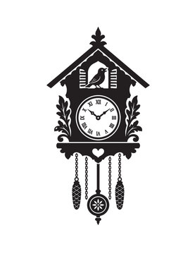 Traditional Cuckoo Clock Black Silhouette Vector Icon with Bird, Pendulum and Chains Isolated on White Background.