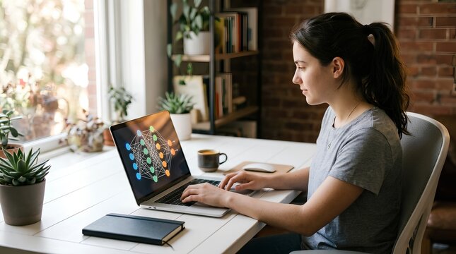 Young female software developer concentrated on laptop displaying network data visualization in bright contemporary white desk workspace with plants, natural light, coffee, and notebook&mdash;modern home