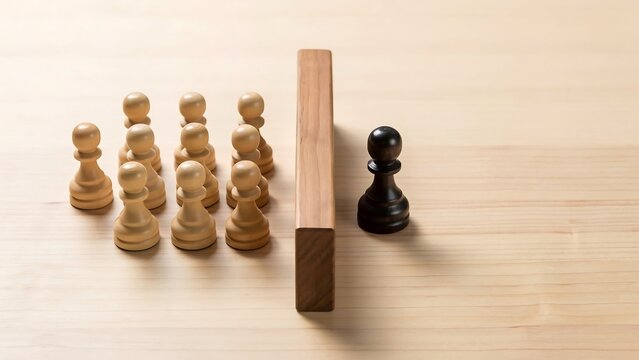 Chess pawns separated by a wooden block barrier