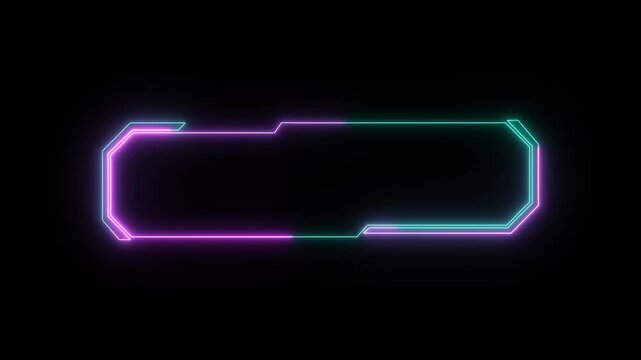 Neon frame elements present teal and magenta geometric shapes across black. Cyberpunk video presentation packages integrate this neon frame asset. Digital neon frame borders glow.