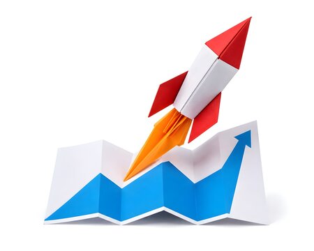 Origami Paper Rocket Over Folded Business Chart Acceleration Concept Isolated on White Background