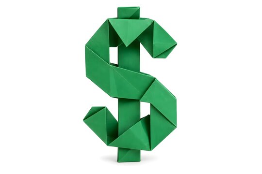 3D Origami Dollar Sign Sculpture Crafted from Emerald Paper Isolated on White Background