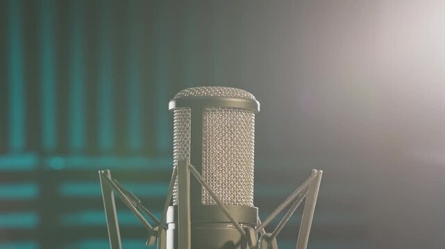 Slow motion colorful studio shot of voiceover dialogue podcast microphone on stand in close-up detail with acoustic foam in recording space with dark background and bright lighting of broadcast vo mic