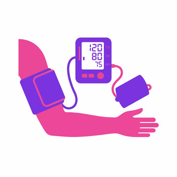 Duotone medical illustration of a digital blood pressure monitor on an arm